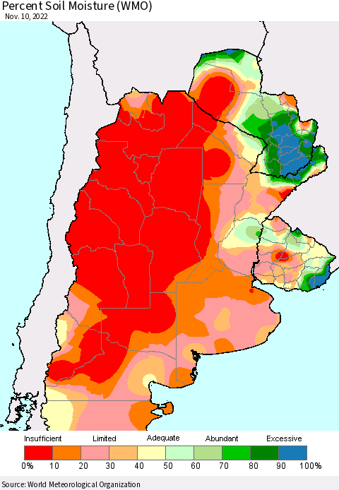 Southern South America Percent Soil Moisture (WMO) Thematic Map For 11/6/2022 - 11/10/2022