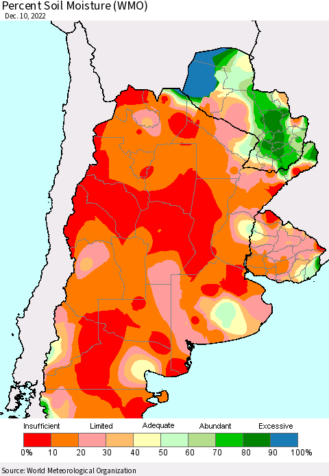 Southern South America Percent Soil Moisture (WMO) Thematic Map For 12/6/2022 - 12/10/2022