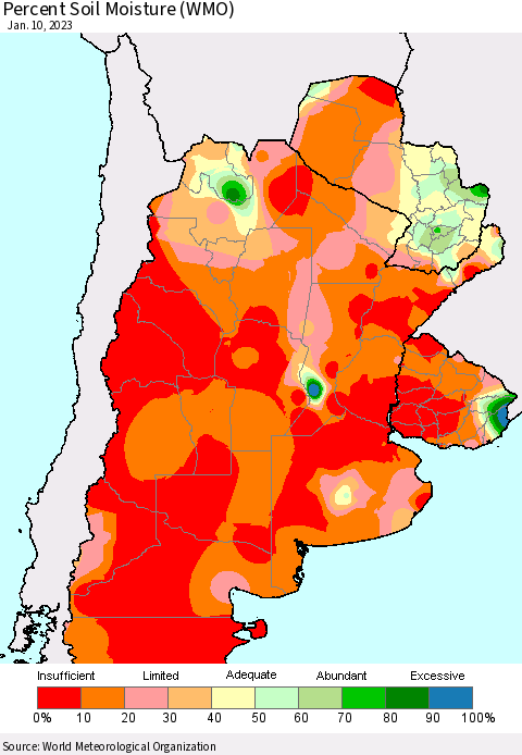 Southern South America Percent Soil Moisture (WMO) Thematic Map For 1/6/2023 - 1/10/2023