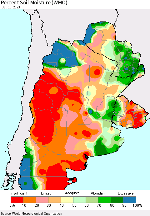 Southern South America Percent Soil Moisture (WMO) Thematic Map For 7/11/2023 - 7/15/2023