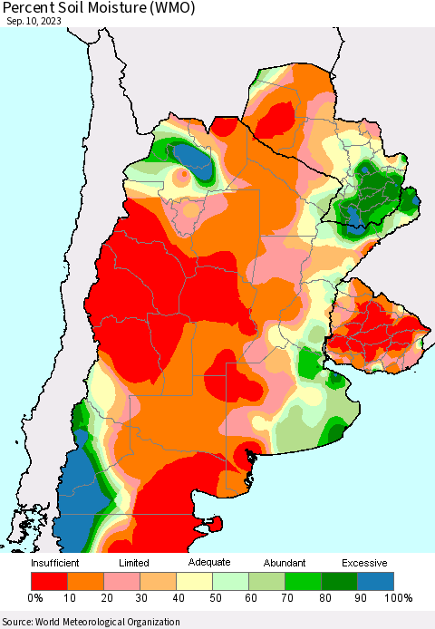 Southern South America Percent Soil Moisture (WMO) Thematic Map For 9/6/2023 - 9/10/2023