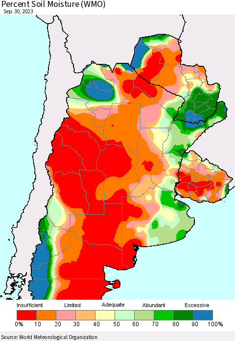 Southern South America Percent Soil Moisture (WMO) Thematic Map For 9/26/2023 - 9/30/2023