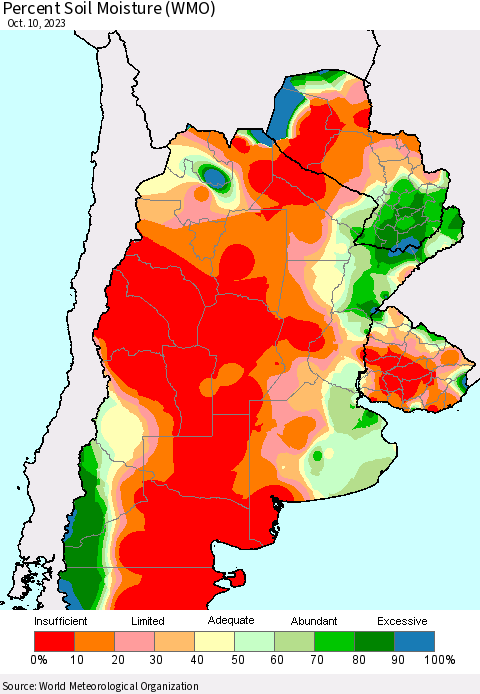 Southern South America Percent Soil Moisture (WMO) Thematic Map For 10/6/2023 - 10/10/2023