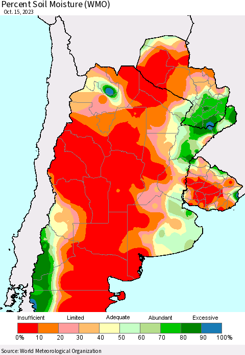 Southern South America Percent Soil Moisture (WMO) Thematic Map For 10/11/2023 - 10/15/2023