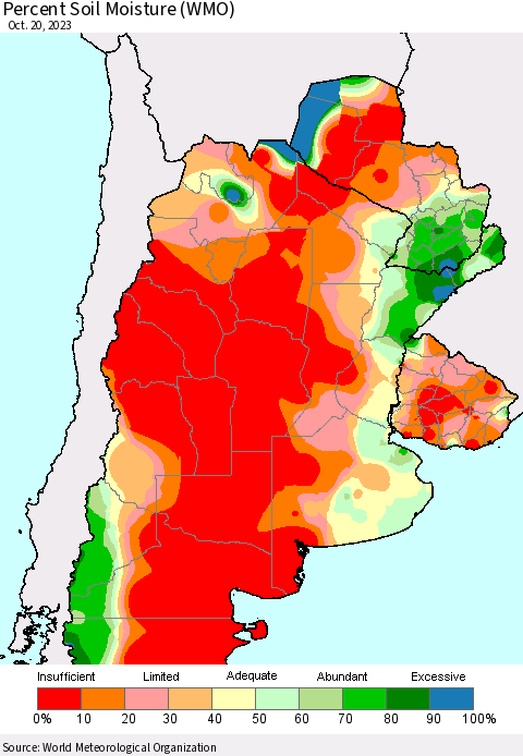 Southern South America Percent Soil Moisture (WMO) Thematic Map For 10/16/2023 - 10/20/2023