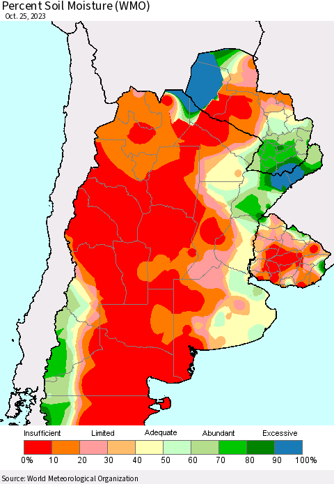 Southern South America Percent Soil Moisture (WMO) Thematic Map For 10/21/2023 - 10/25/2023