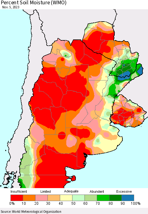 Southern South America Percent Soil Moisture (WMO) Thematic Map For 11/1/2023 - 11/5/2023