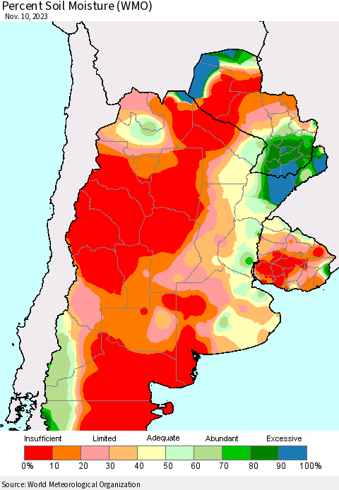 Southern South America Percent Soil Moisture (WMO) Thematic Map For 11/6/2023 - 11/10/2023