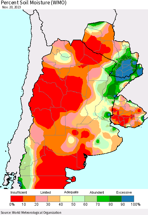 Southern South America Percent Soil Moisture (WMO) Thematic Map For 11/16/2023 - 11/20/2023