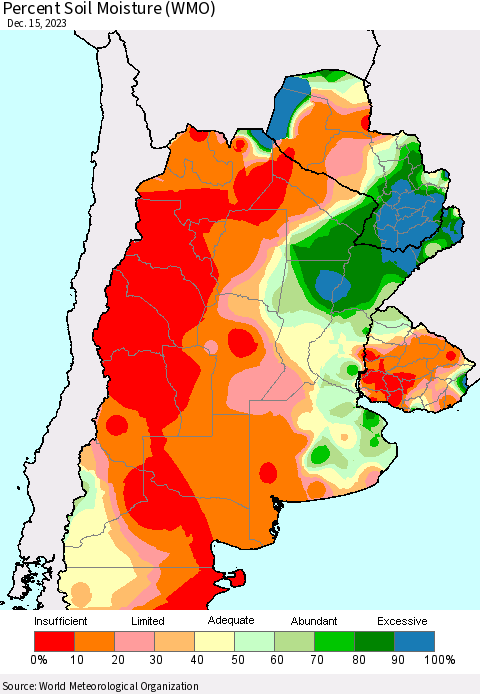 Southern South America Percent Soil Moisture (WMO) Thematic Map For 12/11/2023 - 12/15/2023
