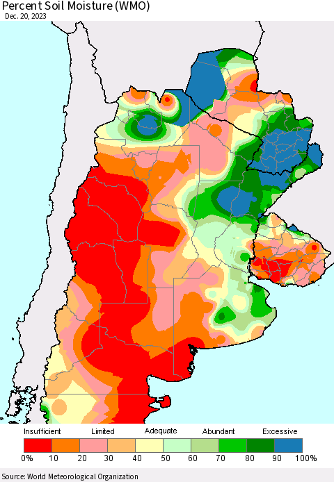 Southern South America Percent Soil Moisture (WMO) Thematic Map For 12/16/2023 - 12/20/2023