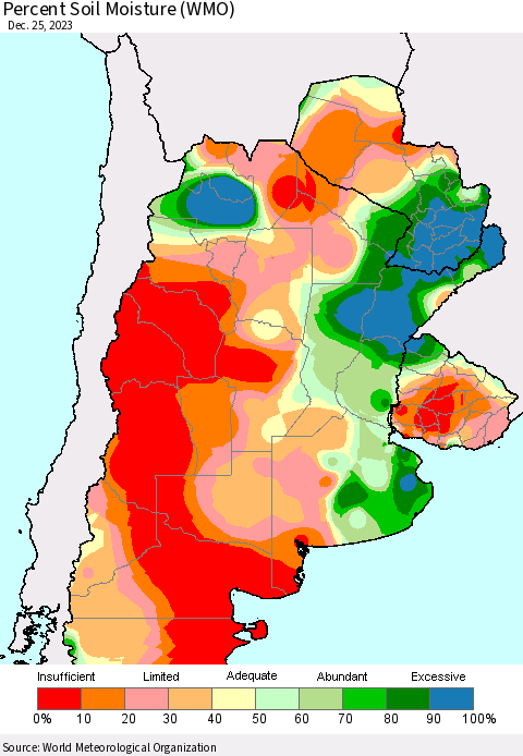 Southern South America Percent Soil Moisture (WMO) Thematic Map For 12/21/2023 - 12/25/2023