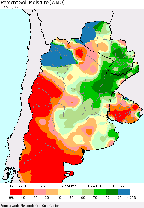 Southern South America Percent Soil Moisture (WMO) Thematic Map For 1/26/2024 - 1/31/2024