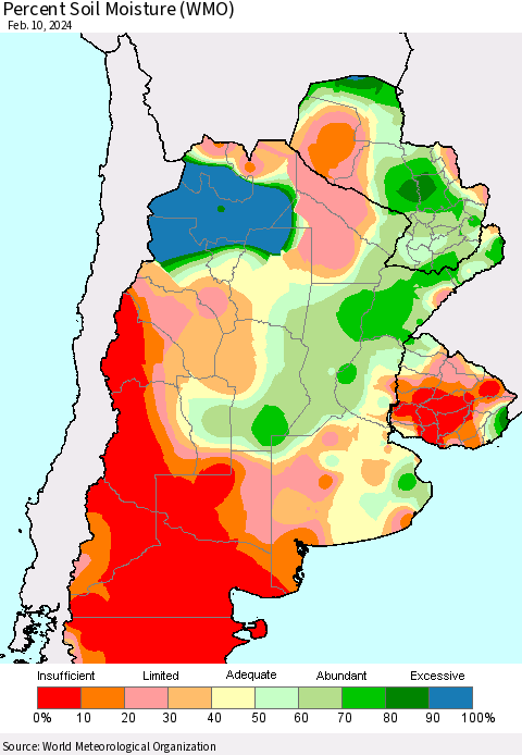 Southern South America Percent Soil Moisture (WMO) Thematic Map For 2/6/2024 - 2/10/2024