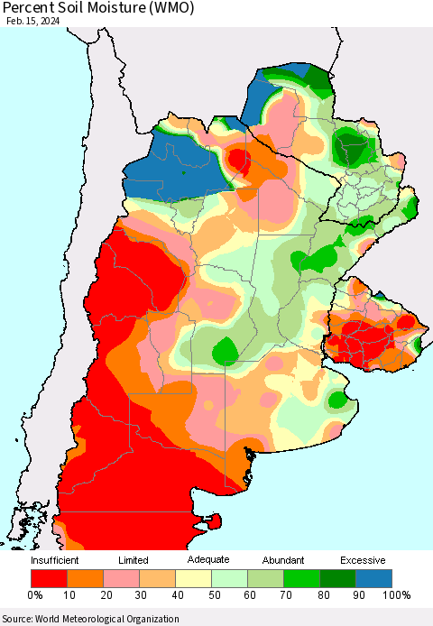 Southern South America Percent Soil Moisture (WMO) Thematic Map For 2/11/2024 - 2/15/2024