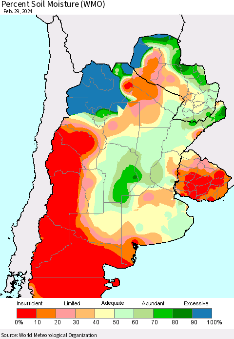 Southern South America Percent Soil Moisture (WMO) Thematic Map For 2/26/2024 - 2/29/2024