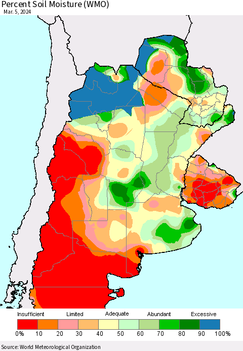 Southern South America Percent Soil Moisture (WMO) Thematic Map For 3/1/2024 - 3/5/2024