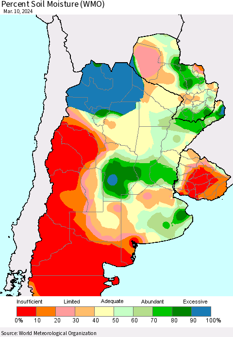 Southern South America Percent Soil Moisture (WMO) Thematic Map For 3/6/2024 - 3/10/2024