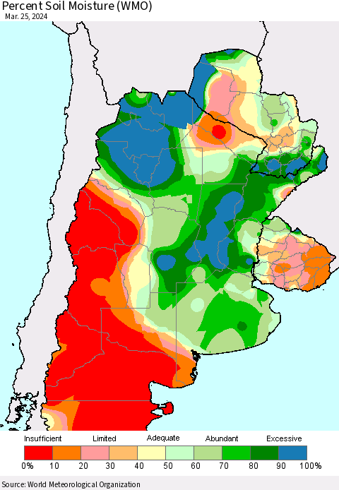 Southern South America Percent Soil Moisture (WMO) Thematic Map For 3/21/2024 - 3/25/2024