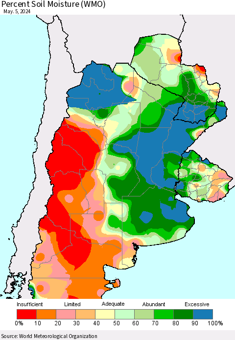Southern South America Percent Soil Moisture (WMO) Thematic Map For 5/1/2024 - 5/5/2024