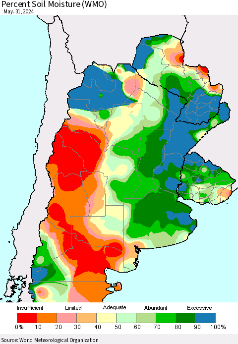 Southern South America Percent Soil Moisture (WMO) Thematic Map For 5/26/2024 - 5/31/2024