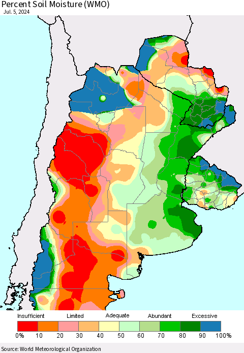 Southern South America Percent Soil Moisture (WMO) Thematic Map For 7/1/2024 - 7/5/2024