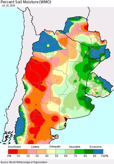Southern South America Percent Soil Moisture (WMO) Thematic Map For 7/6/2024 - 7/10/2024