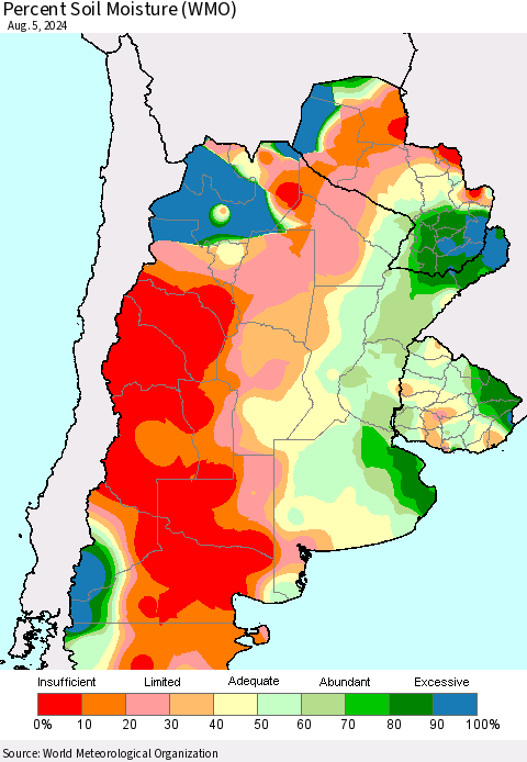 Southern South America Percent Soil Moisture (WMO) Thematic Map For 8/1/2024 - 8/5/2024