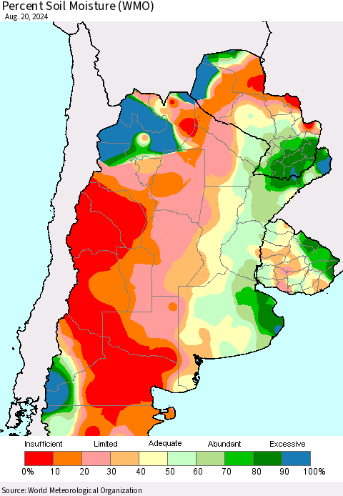 Southern South America Percent Soil Moisture (WMO) Thematic Map For 8/16/2024 - 8/20/2024