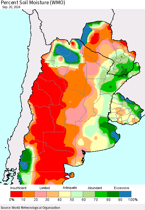 Southern South America Percent Soil Moisture (WMO) Thematic Map For 9/16/2024 - 9/20/2024
