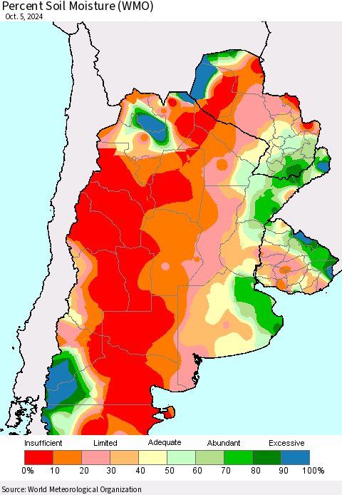 Southern South America Percent Soil Moisture (WMO) Thematic Map For 10/1/2024 - 10/5/2024