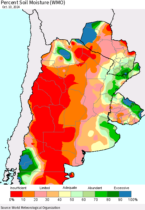 Southern South America Percent Soil Moisture (WMO) Thematic Map For 10/6/2024 - 10/10/2024