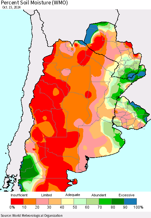 Southern South America Percent Soil Moisture (WMO) Thematic Map For 10/11/2024 - 10/15/2024