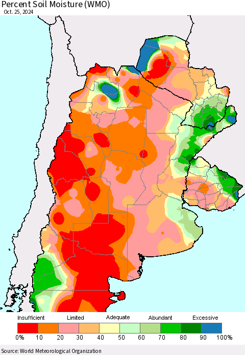 Southern South America Percent Soil Moisture (WMO) Thematic Map For 10/21/2024 - 10/25/2024