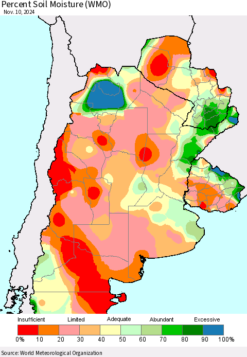 Southern South America Percent Soil Moisture (WMO) Thematic Map For 11/6/2024 - 11/10/2024