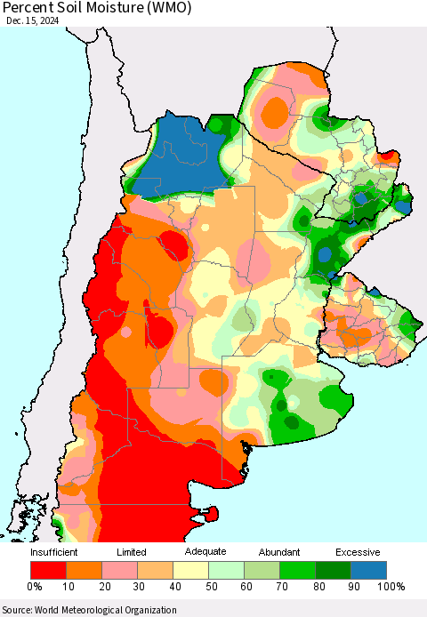 Southern South America Percent Soil Moisture (WMO) Thematic Map For 12/11/2024 - 12/15/2024