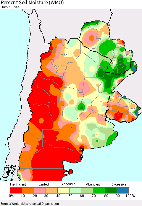 Southern South America Percent Soil Moisture (WMO) Thematic Map For 12/26/2024 - 12/31/2024
