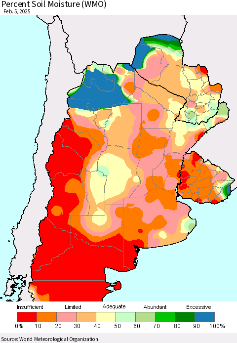 Southern South America Percent Soil Moisture (WMO) Thematic Map For 2/1/2025 - 2/5/2025