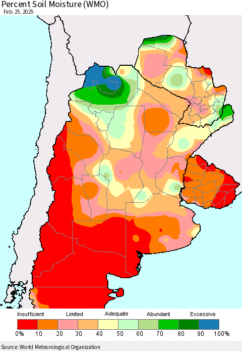 Southern South America Percent Soil Moisture (WMO) Thematic Map For 2/21/2025 - 2/25/2025