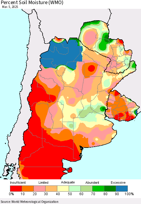 Southern South America Percent Soil Moisture (WMO) Thematic Map For 3/1/2025 - 3/5/2025