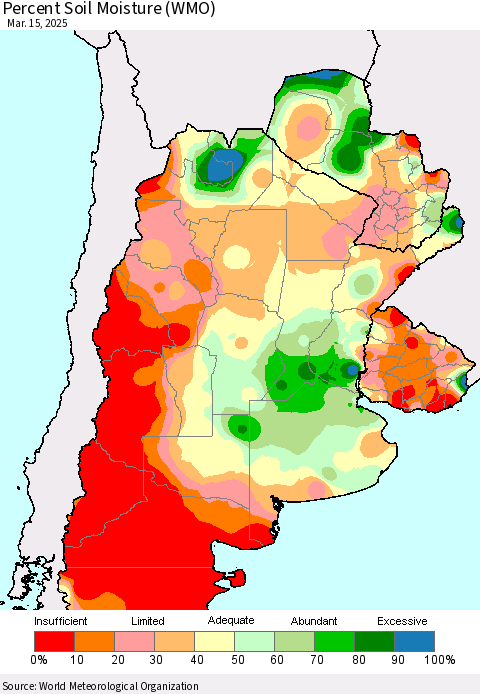 Southern South America Percent Soil Moisture (WMO) Thematic Map For 3/11/2025 - 3/15/2025