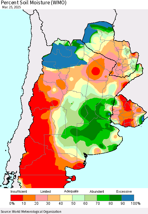 Southern South America Percent Soil Moisture (WMO) Thematic Map For 3/21/2025 - 3/25/2025