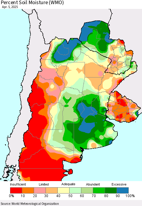 Southern South America Percent Soil Moisture (WMO) Thematic Map For 4/1/2025 - 4/5/2025