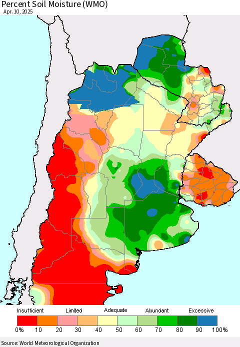 Southern South America Percent Soil Moisture (WMO) Thematic Map For 4/6/2025 - 4/10/2025