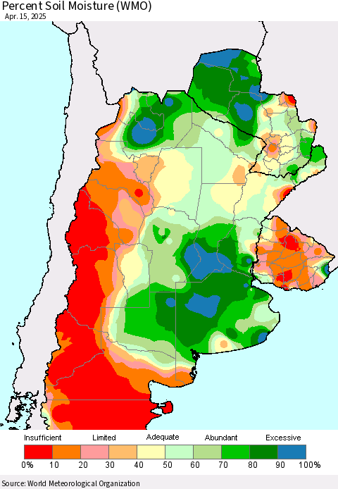 Southern South America Percent Soil Moisture (WMO) Thematic Map For 4/11/2025 - 4/15/2025