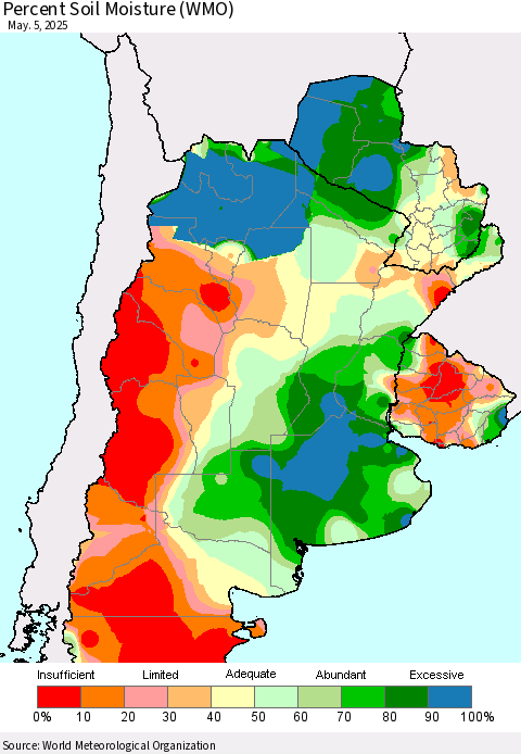 Southern South America Percent Soil Moisture (WMO) Thematic Map For 5/1/2025 - 5/5/2025