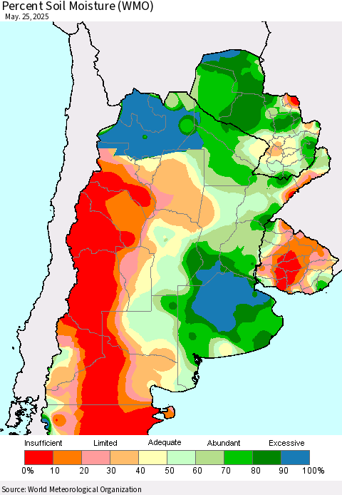 Southern South America Percent Soil Moisture (WMO) Thematic Map For 5/21/2025 - 5/25/2025