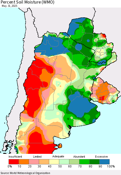 Southern South America Percent Soil Moisture (WMO) Thematic Map For 5/26/2025 - 5/31/2025
