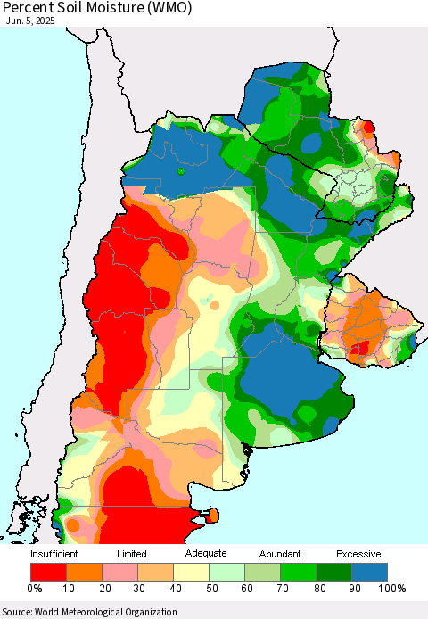 Southern South America Percent Soil Moisture (WMO) Thematic Map For 6/1/2025 - 6/5/2025