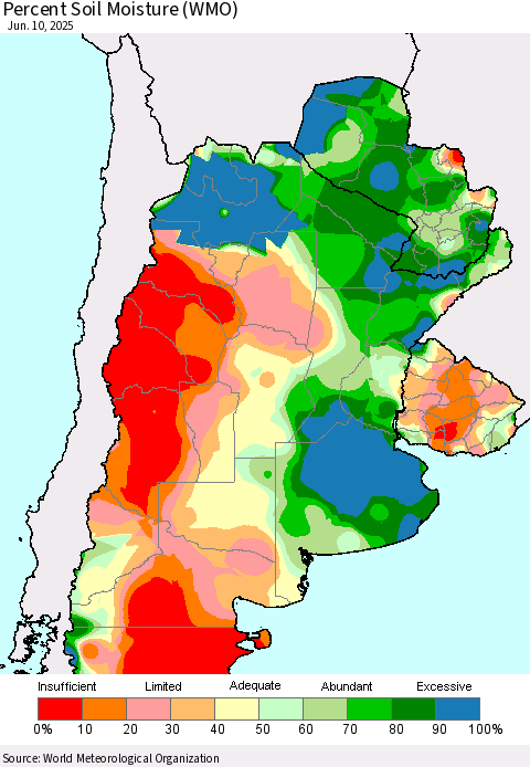 Southern South America Percent Soil Moisture (WMO) Thematic Map For 6/6/2025 - 6/10/2025